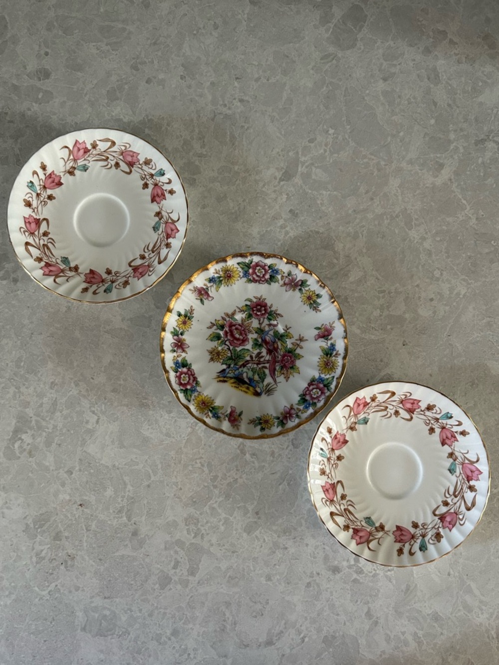 Set of 3 Vintage Pink & Gold Floral Porcelain Saucers, Small Plate, Trinket Dish